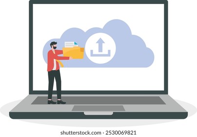 Sistema de nube, Descarga de archivos, concepto de protección de base de datos, centro de datos, gestión de archivos, Anuncio de Vector de ilustración plana

