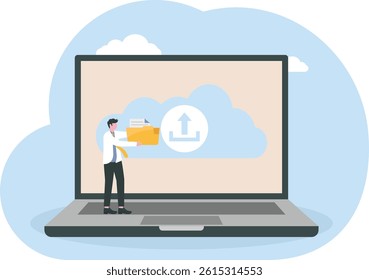 Cloud system, file download, database protection concept, data center, file management, flat illustration vector banner

