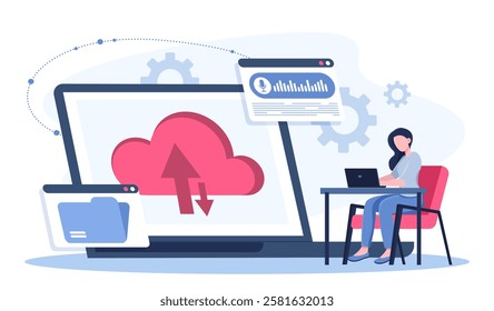 Cloud system file. Woman with laptop upload files to server. Internet safety and personal data protection. Exchange of documents on Internet. Electronic storage. Flat vector illustration