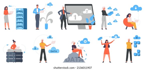 Cloud system, almacenamiento de datos en línea e ingeniería en la nube. Juego de ilustraciones vectoriales de ingeniero de servidores en nube de datos en línea