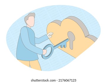 Cloud system for protecting personal and corporate data information of an employee. Character businessman holding a security key to remote access online cloud and protected personal data