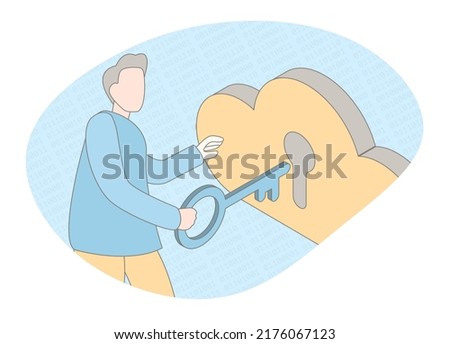Cloud system for protecting personal and corporate data information of an employee. Character businessman holding a security key to remote access online cloud and protected personal data