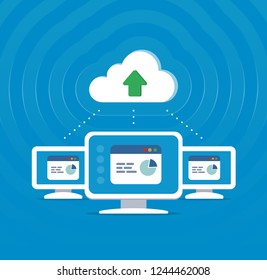 Cloud system technology. Exchange of information between different devices.
Vector illustration in flat style.