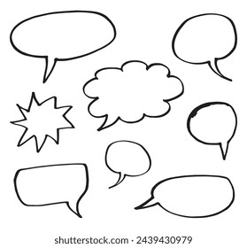 Cloud, talk, marker line, ink symbols, hand drawn, black color elements. Realistic Rough Black Marker Brush Ink Line Stroke Set Isolated Collection. Grunge Paper Texture. Swift crossed