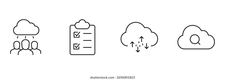 Equipe de nuvem, lista de verificação de nuvem, download de upload de nuvem, conjunto de ícones de pesquisa em nuvem, ilustração vetorial de gerenciamento de dados de tecnologia, símbolo de rede mínimo.