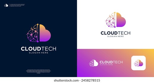 Cloud tech dot data connection logo design template.