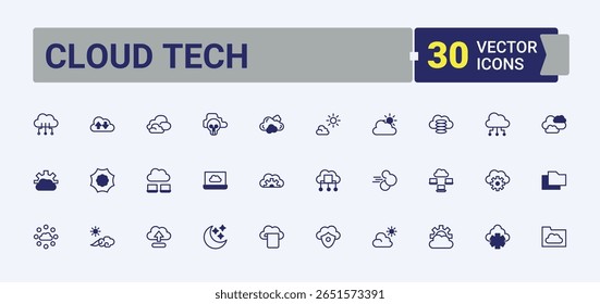 Cloud Tech icon set in linear style. Contains such icons as networking, server, system, compute, storage, communication and more. Cloud Computing line icon. Minimalist editable vector stroke.