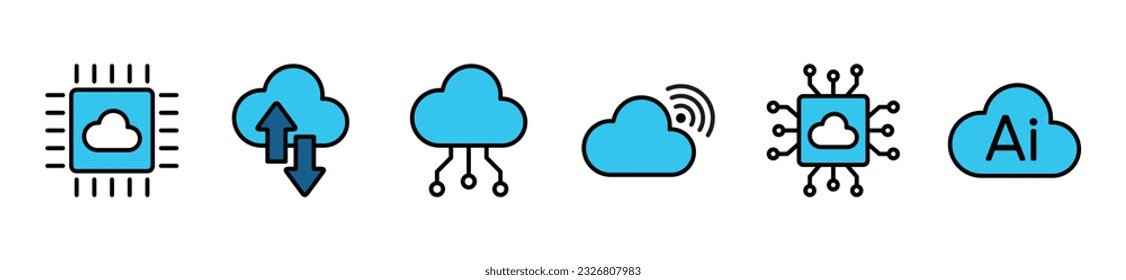 Cloud tech icon set. Technology, digital, wifi, ai, internet, circuit, cyber icon symbol in line and flat style on white background with editable stroke for apps and websites. Vector illustration