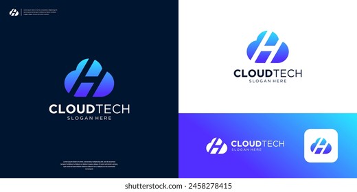 Cloud tech logo with letter H negative space logo design.