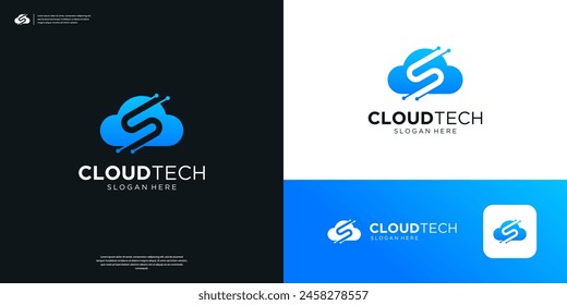Cloud tech server database network logo with negative space letter S logo design.