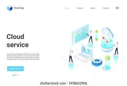 Cloud Tech Service Isometric Vector Illustration. Cartoon 3d Tiny Businessman Characters Team Working With Data, Teamwork On Analyzing Report Information. Business Virtual Technology Landing Page