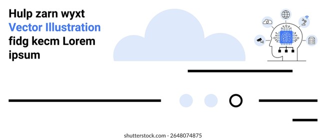 Cloud, tech symbols, AI brain icon, text elements. Ideal for tech advancements, AI, cloud computing, data connectivity, innovation, digital transformation, modern tech Landing page