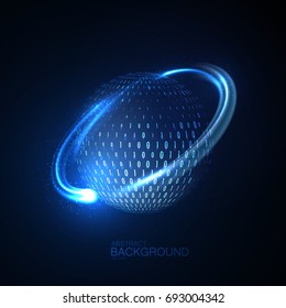 Cloud technologies. Abstract virtual digital sphere of binary code particles and circular glowing energy stream. Futuristic vector illustration. Global communication or telecom concept. Logo design