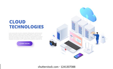 Cloud technologies design concept with people. Isometric vector illustration. Landing page template for web.