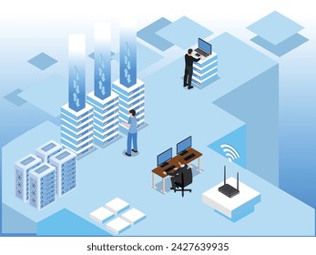 Cloud technologies design concept with people isometric 3d vector illustration