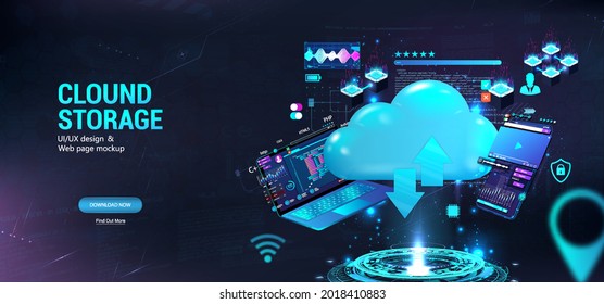 Cloud Technologies For Download, Servers And Service. Big Data Storage. Remote Data Center For The Management Of Modern Technologies And Internet Resources Via Internet. Cloud Server. Vector 