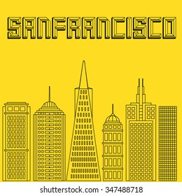 Cloud technologies and services in the world wide web. Hackathon, workshop, seminar, lecture in metropolis San Francisco. City is in flat style for presentations, posters, banners. Vector illustration