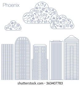 Cloud technologies and services in the world wide web. Hackathon, workshop, seminar, lecture in the metropolis Phoenix. The city is in a flat style for presentations, posters, banners.