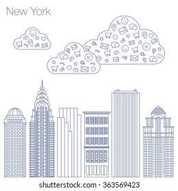 Cloud technologies and services in the world wide web. Hackathon, workshop, seminar, lecture in the metropolis New York. The city is in a flat style for presentations, posters, banners.