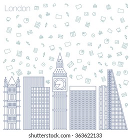 Cloud technologies and services in the world wide web. Hackathon, workshop, seminar, lecture in the metropolis London. The city is in a flat style for presentations, posters, banners.