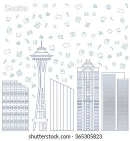 Cloud technologies and services in the world wide web. Hackathon, workshop, seminar, lecture in the metropolis Seattle. The city is in a flat style for presentations, posters, banners.