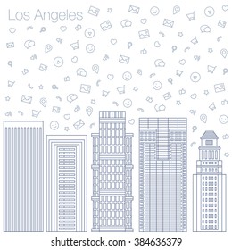 Cloud technologies and services in the world wide web. Hackathon, workshop, seminar, lecture in the metropolis Los Angeles. The city is in a flat style for presentations, posters, banners.