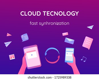 Cloud technologies. Smartphones, tablets and other gadgets fast synchronization. 