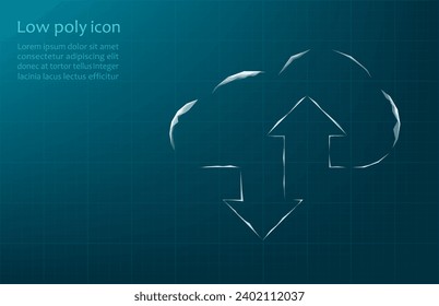 Cloud technologies, vector illustration. Wireframe cloud storage sign with two up and down arrows on a dark blue background. Cloud computing, data center, infrastructure of the future, digital AI