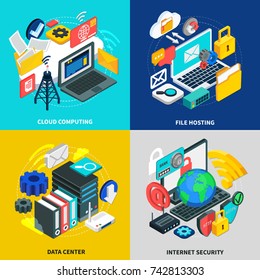 Cloud technology 2x2 design concept with square icons illustrated wireless transmission storage and access to cloud data isometric vector illustration 