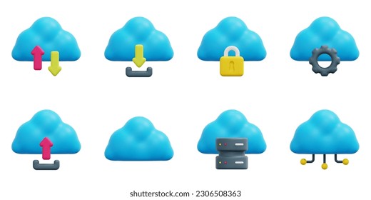 Cloud technology 3d vector icon set. Cloud computing, download, lock, settings, upload, cloud, cloud server, infrastructure. Isolated on white background. 3d icon vector render illus