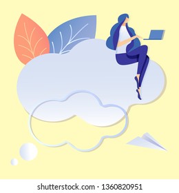 Cloud Technology Abstract Vector Flat Illustration. Woman Working with Laptop Cartoon Character. Web Hosting, Development. Online Storage Service. Global Social Network. Female Developer