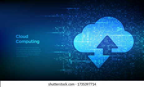 Cloud technology background. Cloud computing. Cloud storage sign with two arrows up and down icon made with binary code. Digital binary data and streaming digital code. Vector Illustration.