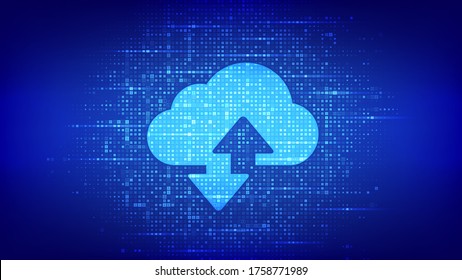 Cloud technology background. Cloud computing. Cloud storage sign with two arrows up and down icon made with binary code. Digital binary data and streaming digital code. Vector Illustration.