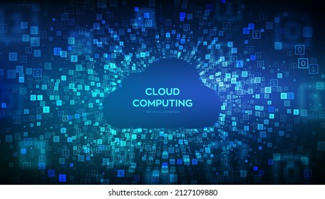 Cloud technology background. Cloud computing. Cloud storage internet concept. Abstract futuristic cyberspace. Binary data flow tunnel. Big data. Digital code with digits 1.0. Vector Illustration. svg