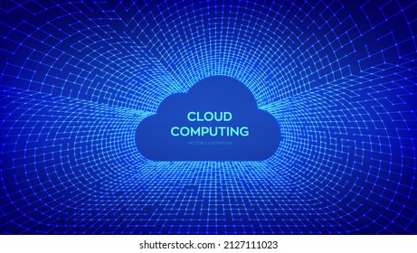 Cloud technology background. Cloud computing. Cloud storage internet concept. Abstract futuristic cyberspace. Data flow tunnel. Big data. Vector Illustration.