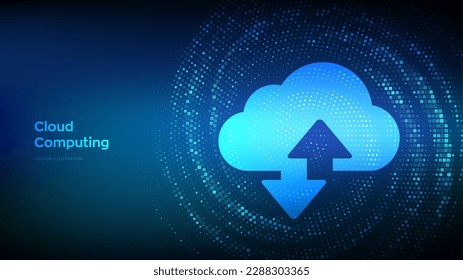 Cloud technology background. Cloud computing. Cloud storage sign with two arrows up and down icon. Binary code Data Flow. Virtual tunnel warp made with digital code. Vector illustration.