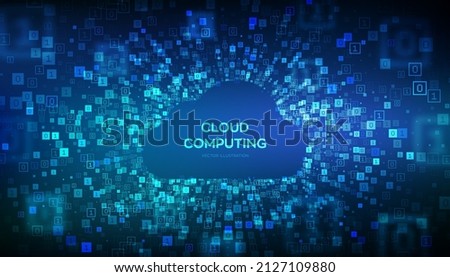 Cloud technology background. Cloud computing. Cloud storage internet concept. Abstract futuristic cyberspace. Binary data flow tunnel. Big data. Digital code with digits 1.0. Vector Illustration.
