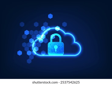 Cloud technology background inside is a lock with elements, showing the storage of data in a secure cloud system, data is stored through the internet network.