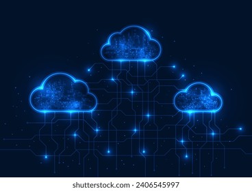 Cloud technology background cloud storage system cyber processing together via internet signals Clouds connected by technological circuits