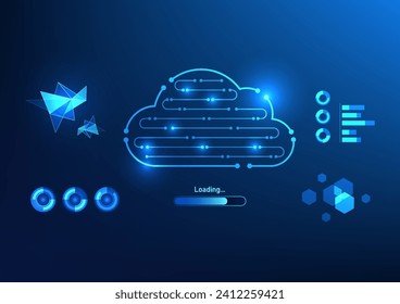 Cloud technology background that is a technology circuit Equipped with high-tech digital loading screen display elements. Representing the storage of important work data, vector illustration 