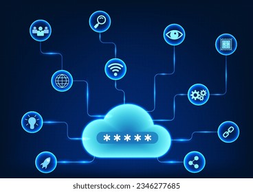 Cloud technology It is a technology for backing up data and sharing data to recipients via the Internet with a data security system. Vector illustration cloud connected technology icons