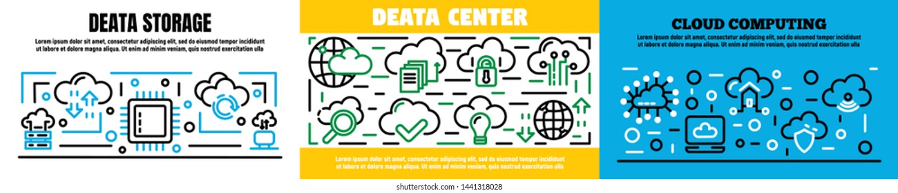 Cloud technology banner set. Outline set of cloud technology vector banner for web design