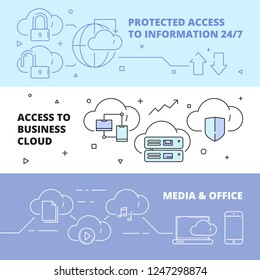 Cloud technology banners. Online software computer internet services safety ftp connection work laptop pc business vector concept