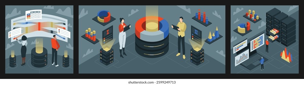Cloud technology banners set. Secure storage and access to data. Synchronization and backup. Databases, SQL, MySQL education. Isometric modern vector illustration collection.
