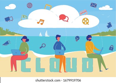 La Tecnología de Nube Beneficia El Cartel Concepto Mundial. Autores independientes que trabajan en línea, personas que utilizan sistemas modernos de almacenamiento de datos. Usuarios que disfrutan de acceso a documentos a distancia. Afiche moderno de tecnología de Internet