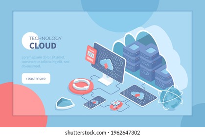 Cloud Technology. Big data processing center, cloud database, connecting information, storage, hosting. Isometric vector illustration for poster, presentation, banner, website.	

