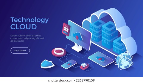 Cloud Technology. Big data processing center, cloud database, connecting information, storage, hosting. Isometric landing page. Vector web banner.	

