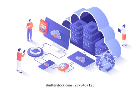 Cloud Technology. Big data processing center, cloud database, connecting information, storage, hosting. Isometry illustration with people scene for web graphic.	
