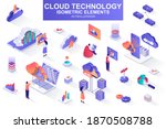 Cloud technology bundle of isometric elements. Server rack, hosting provider, information network, data storage, cloud database isolated icons. Isometric vector illustration kit with people characters
