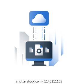 Cloud Technology, Business Solutions, Data Exchange, Document File Storage, Fast Upload And Download, Online Services Development, Network Connection, Backup Server, Vector Flat Icon